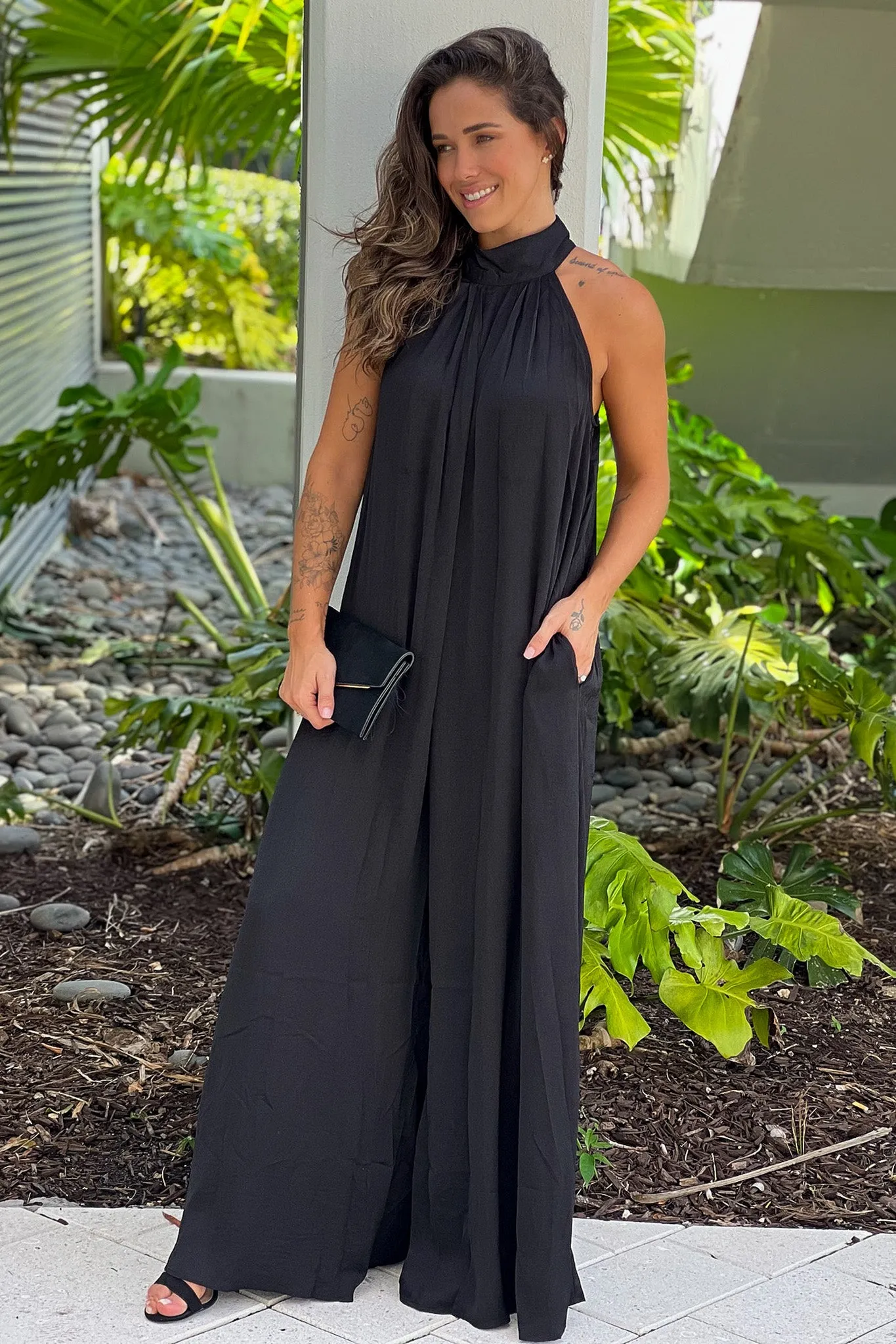 Black High Neck Jumpsuit With Pockets