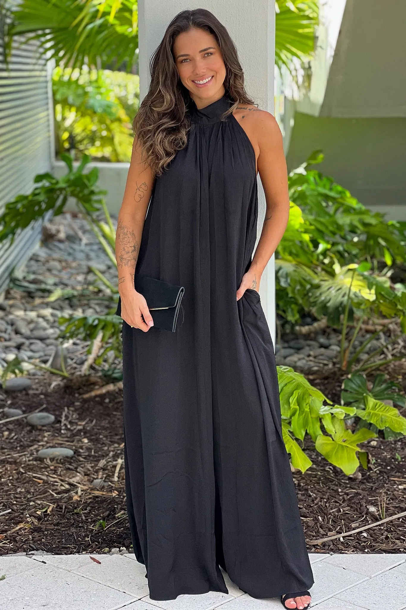 Black High Neck Jumpsuit With Pockets