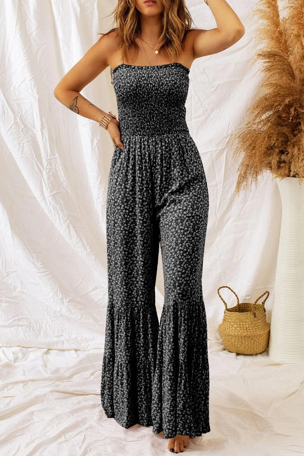 Black Spaghetti Strap Smocked Bodice Wide Leg Floral Jumpsuit