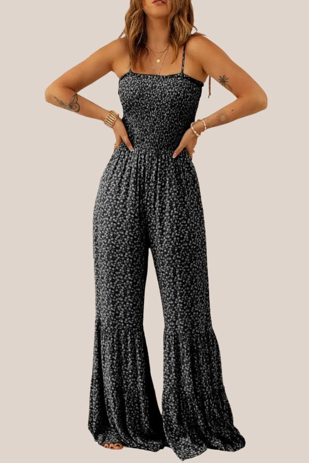 Black Spaghetti Strap Smocked Bodice Wide Leg Floral Jumpsuit