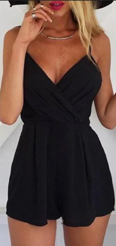 Black Spaghetti Strap Wrap Style Back Zipper Romper