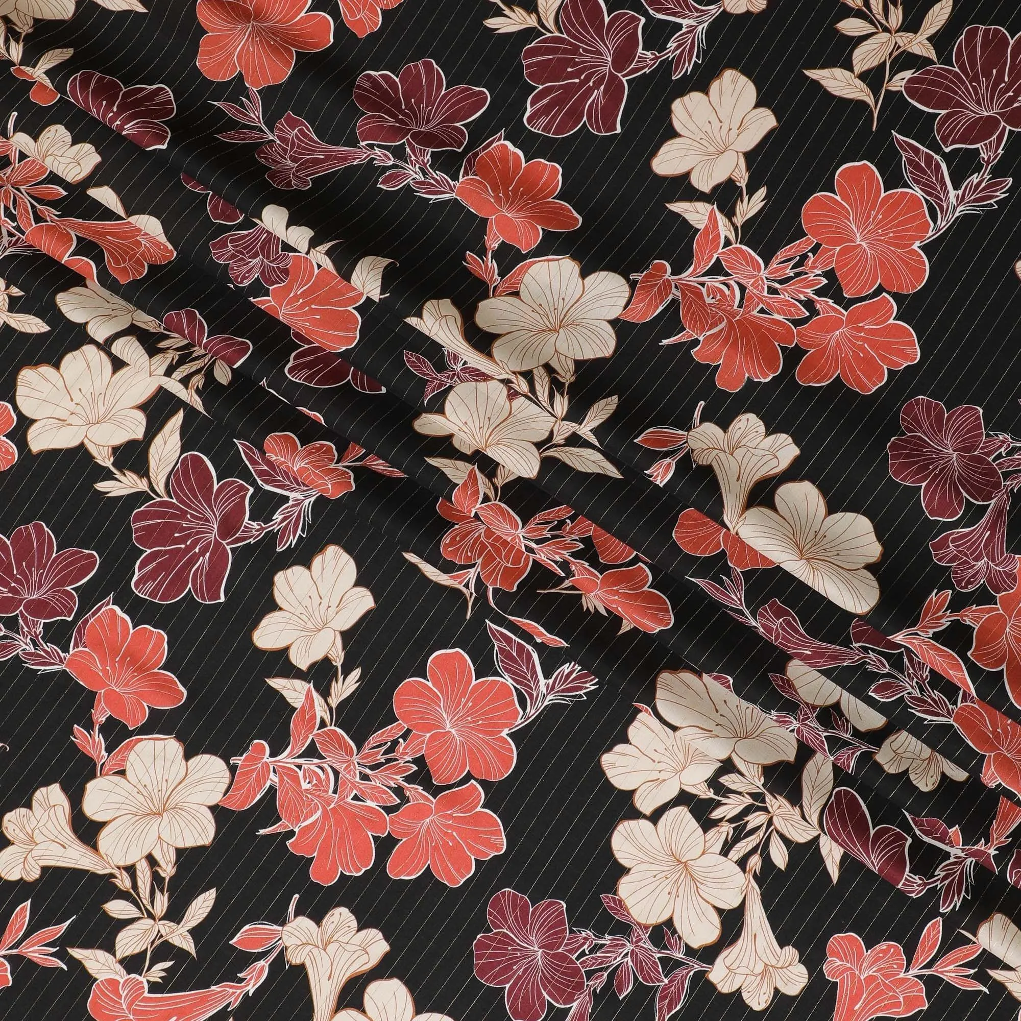 Black viscose crepe printed fabric with multi colour prints and metallic lurex in floral design-D11162