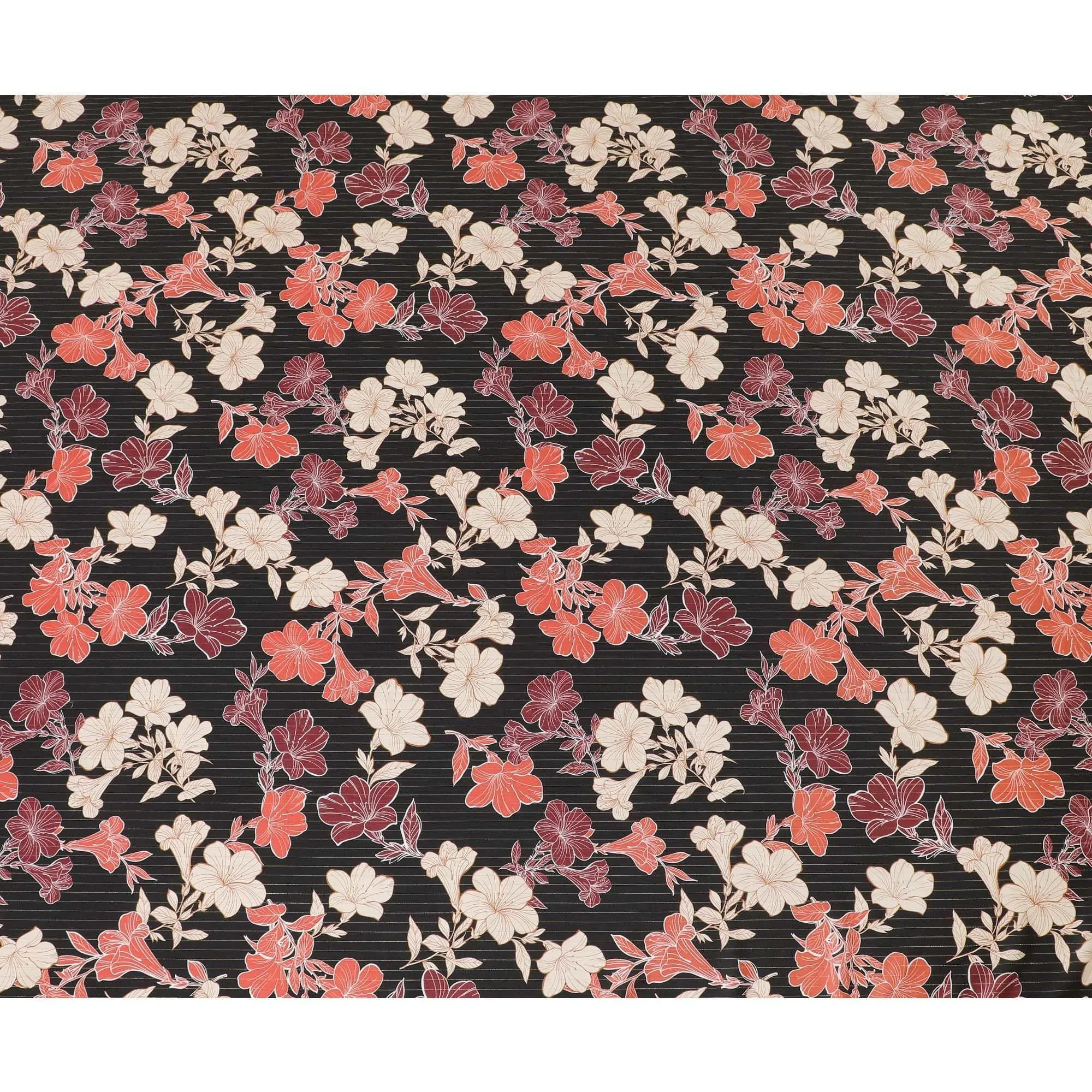 Black viscose crepe printed fabric with multi colour prints and metallic lurex in floral design-D11162