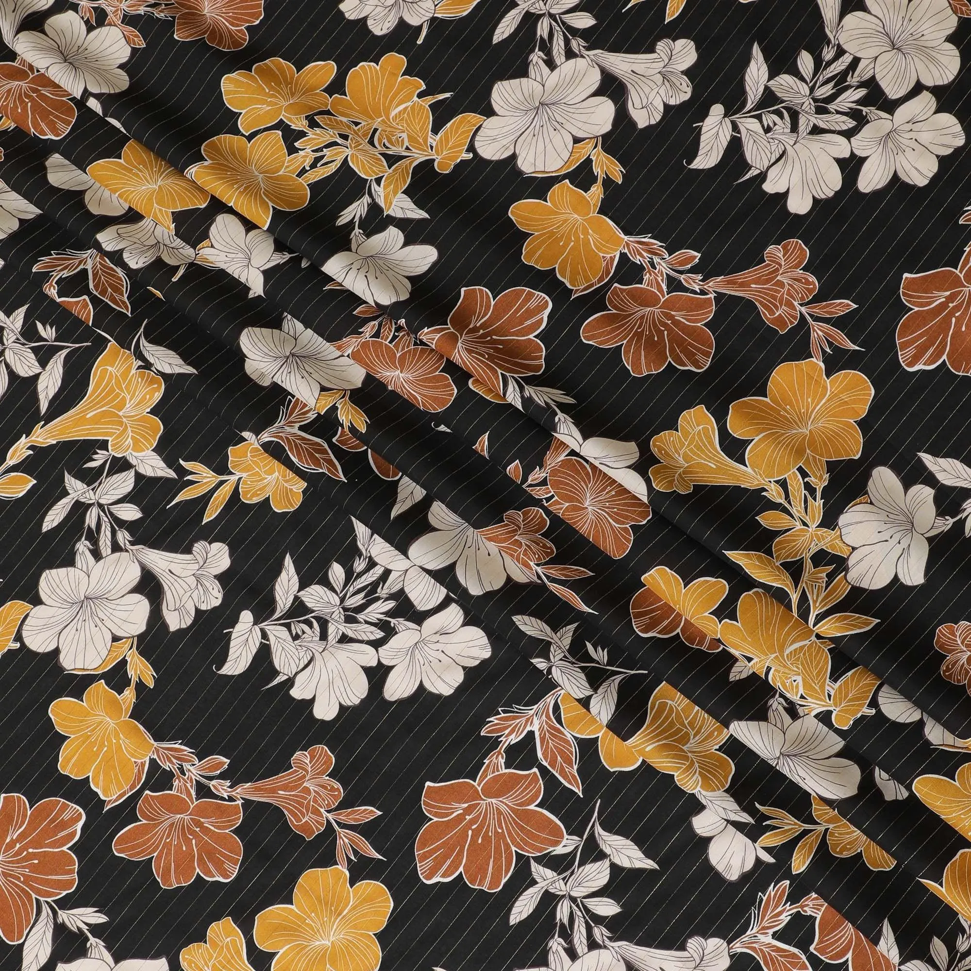 Black viscose crepe printed fabric with multi colour prints and metallic lurex in floral design-D11163