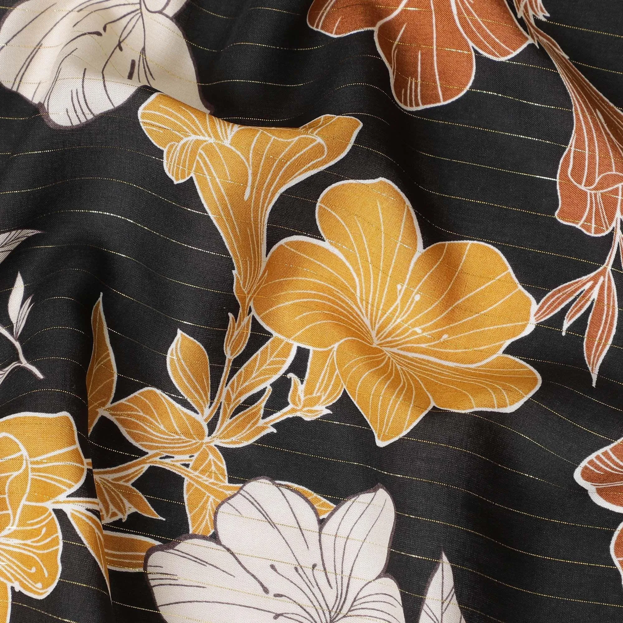 Black viscose crepe printed fabric with multi colour prints and metallic lurex in floral design-D11163