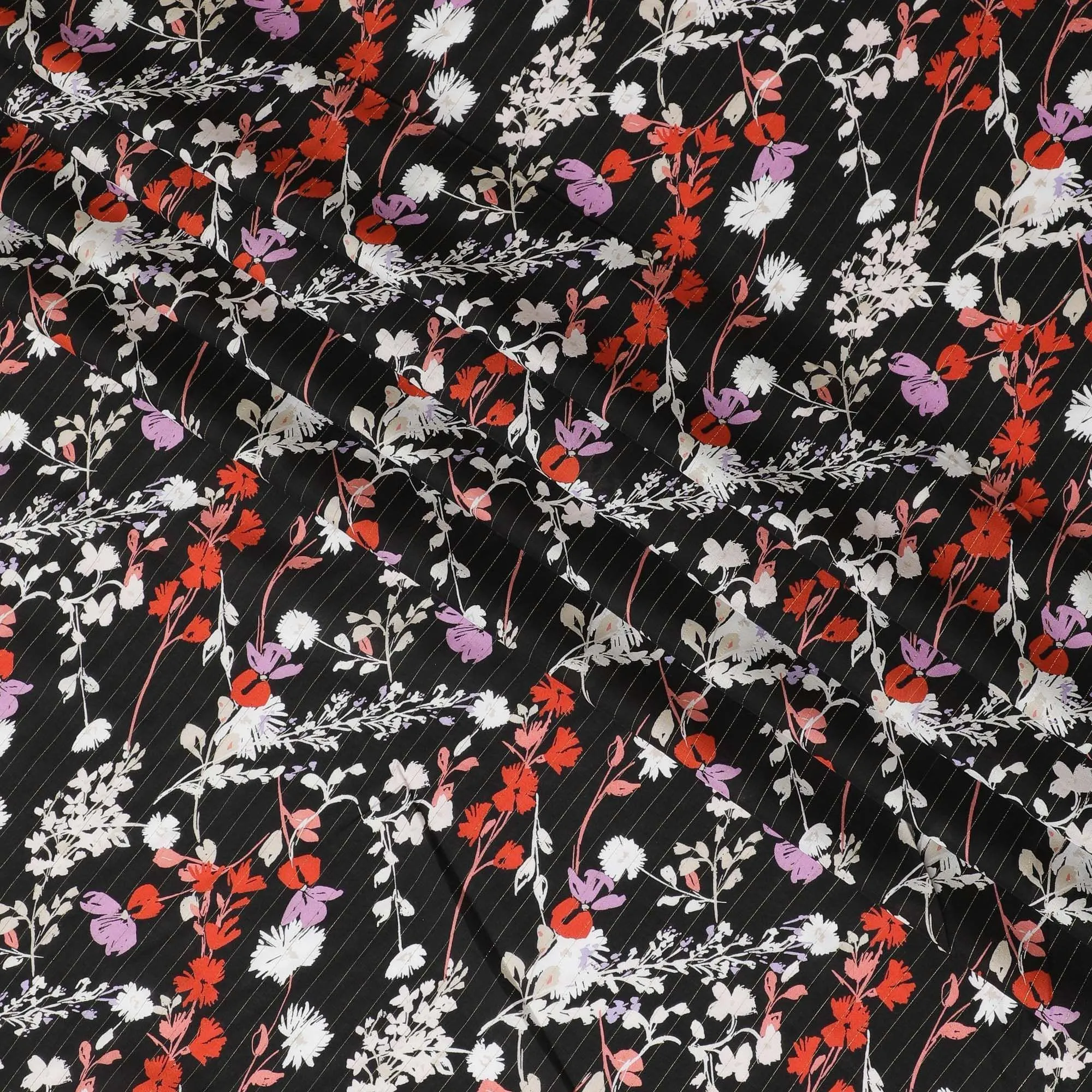 Black viscose crepe printed fabric with multi colour prints and metallic lurex in floral design-D11164