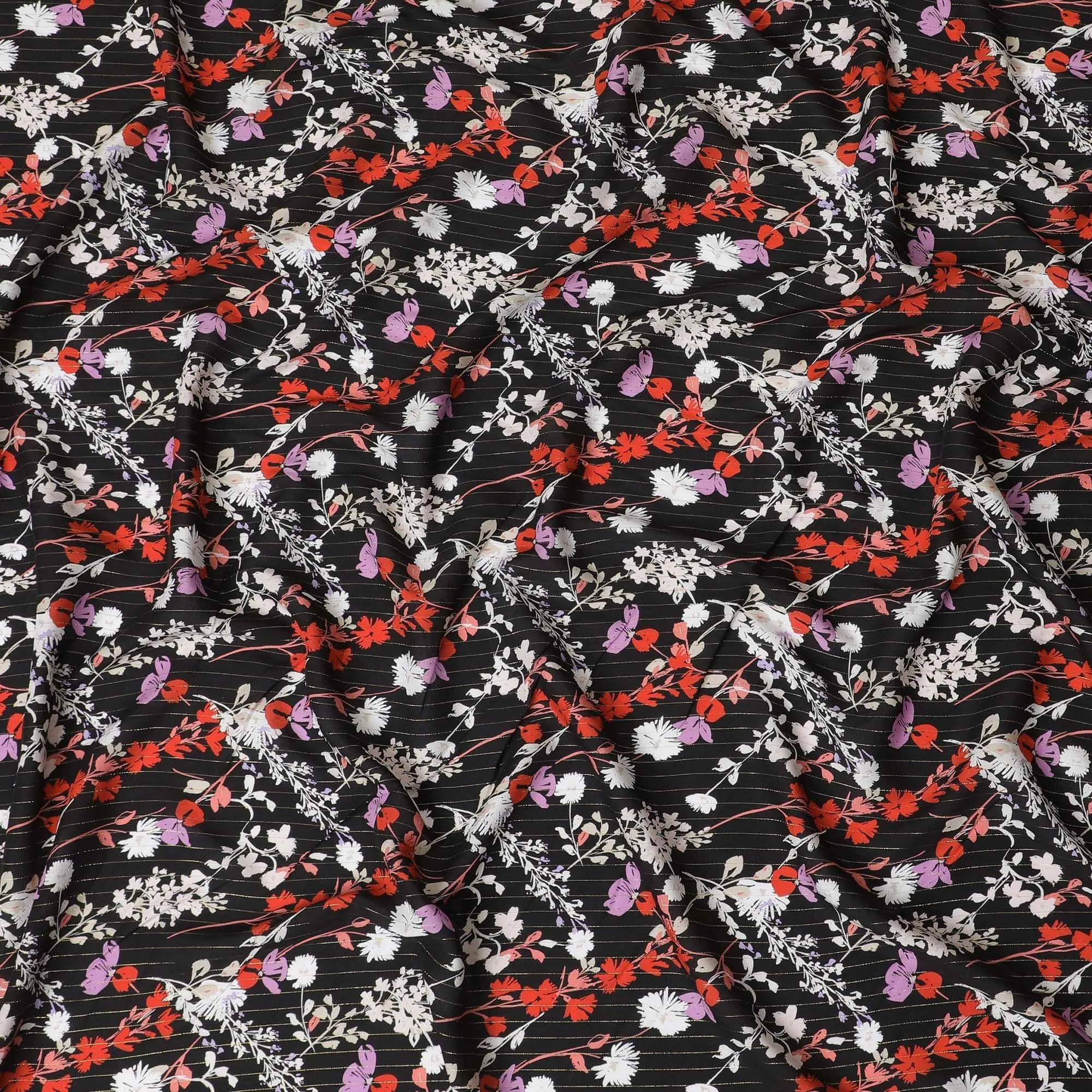 Black viscose crepe printed fabric with multi colour prints and metallic lurex in floral design-D11164