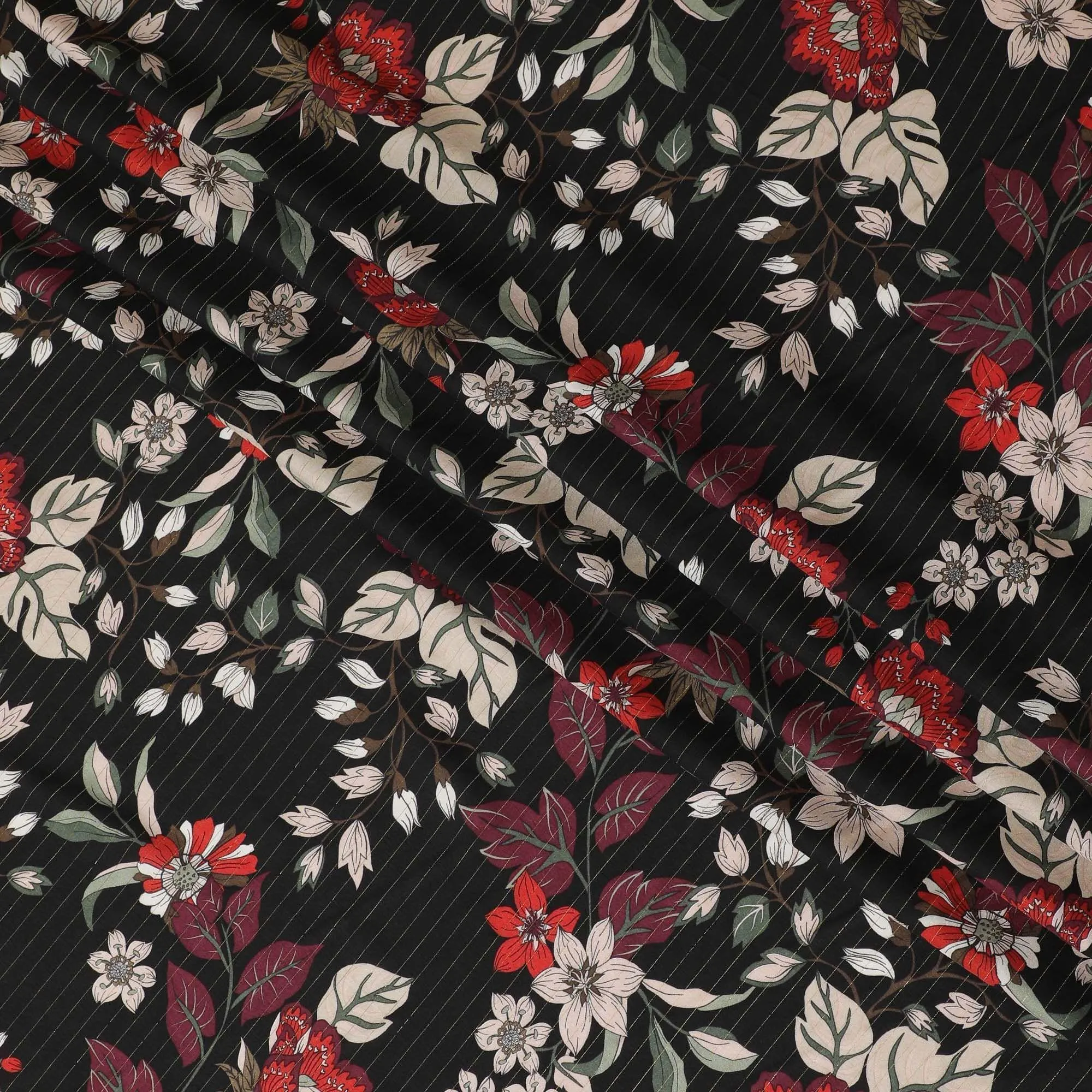 Black viscose crepe printed fabric with multi colour prints and metallic lurex in floral design-D11165