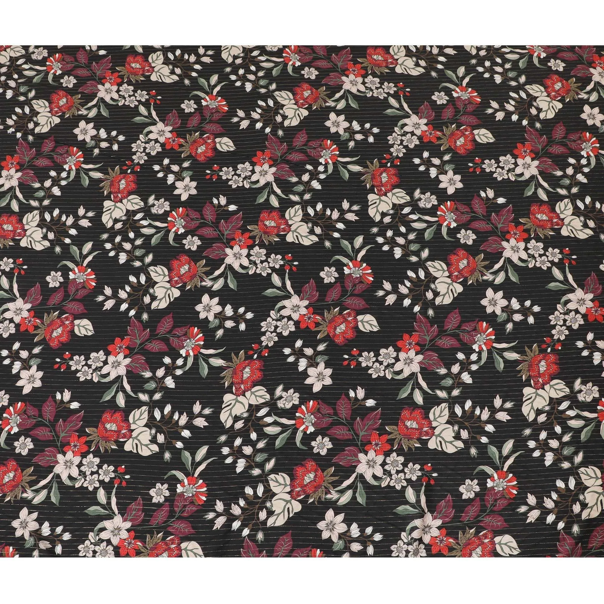 Black viscose crepe printed fabric with multi colour prints and metallic lurex in floral design-D11165