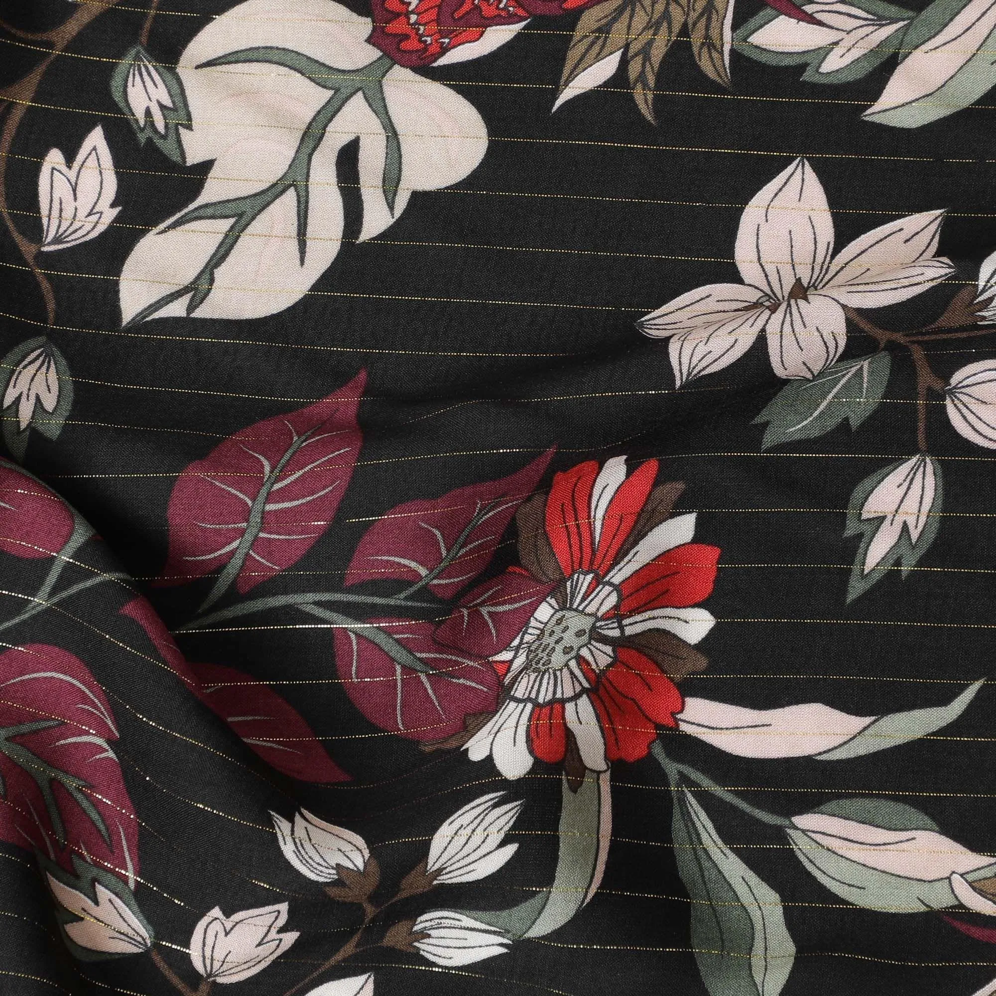 Black viscose crepe printed fabric with multi colour prints and metallic lurex in floral design-D11165