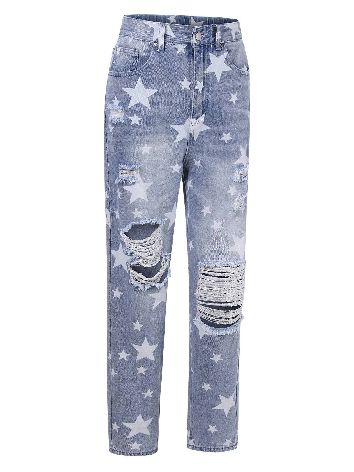 Blue 1950s Vintage Stars Ripped Jeans