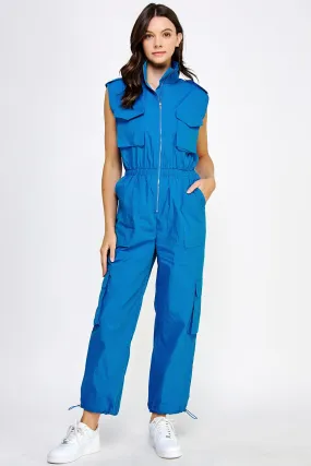 Blue High Neck Cargo Technical Jumpsuit