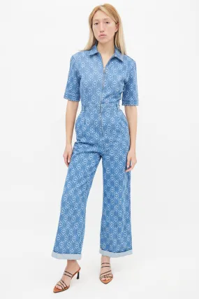 Blue Monogram Pattern Denim Jumpsuit