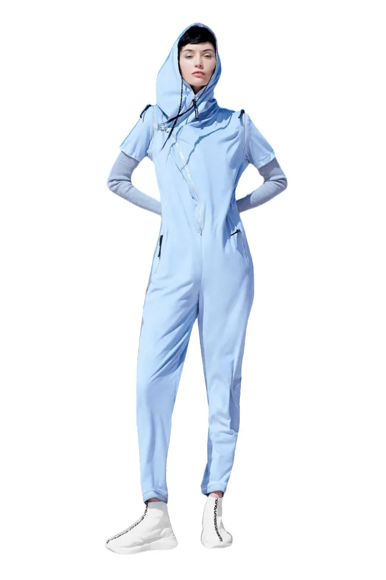 Blue Short/Long Sleeve Hooded Full-Length Belted Casual Jumpsuit GAGA