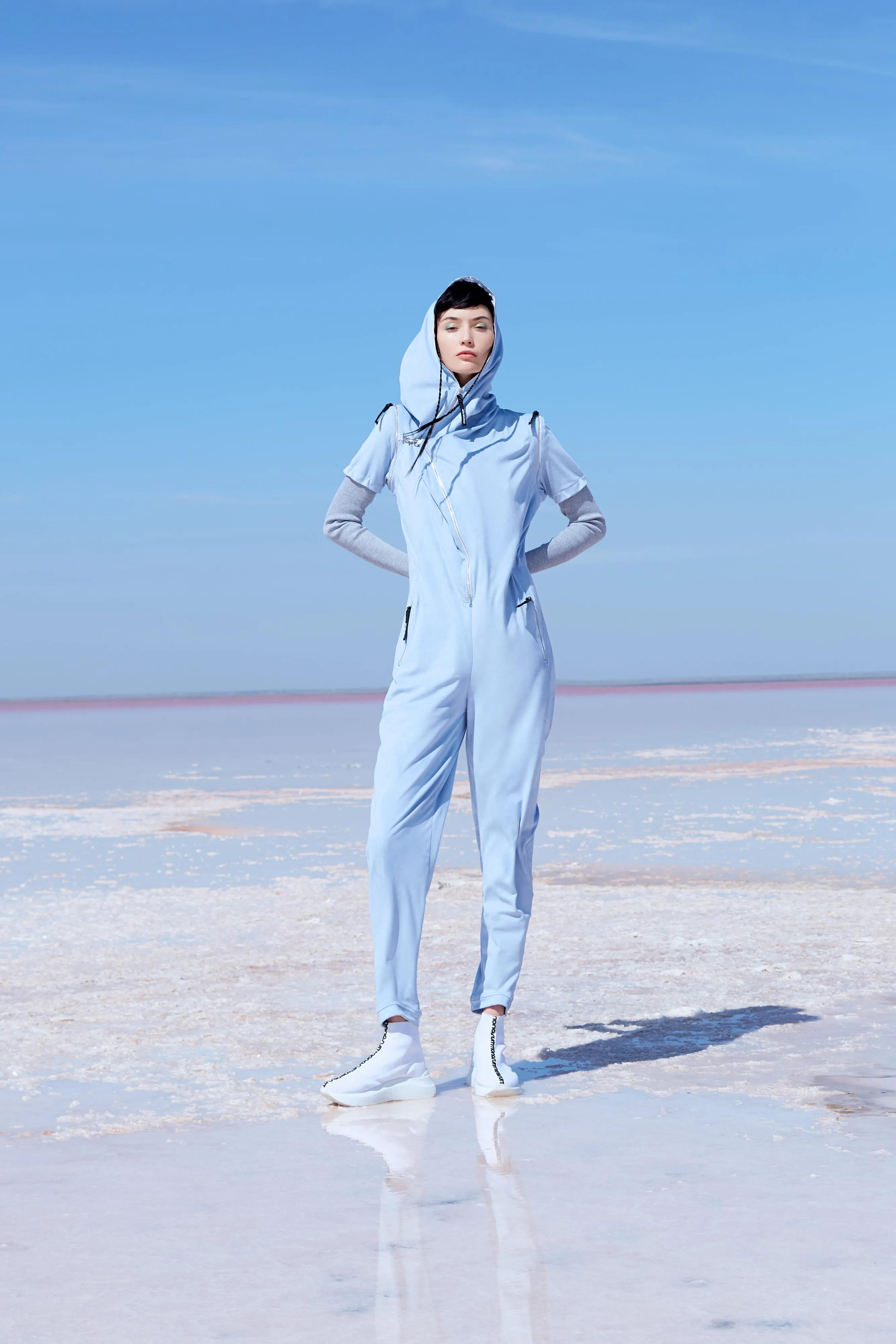 Blue Short/Long Sleeve Hooded Full-Length Belted Casual Jumpsuit GAGA