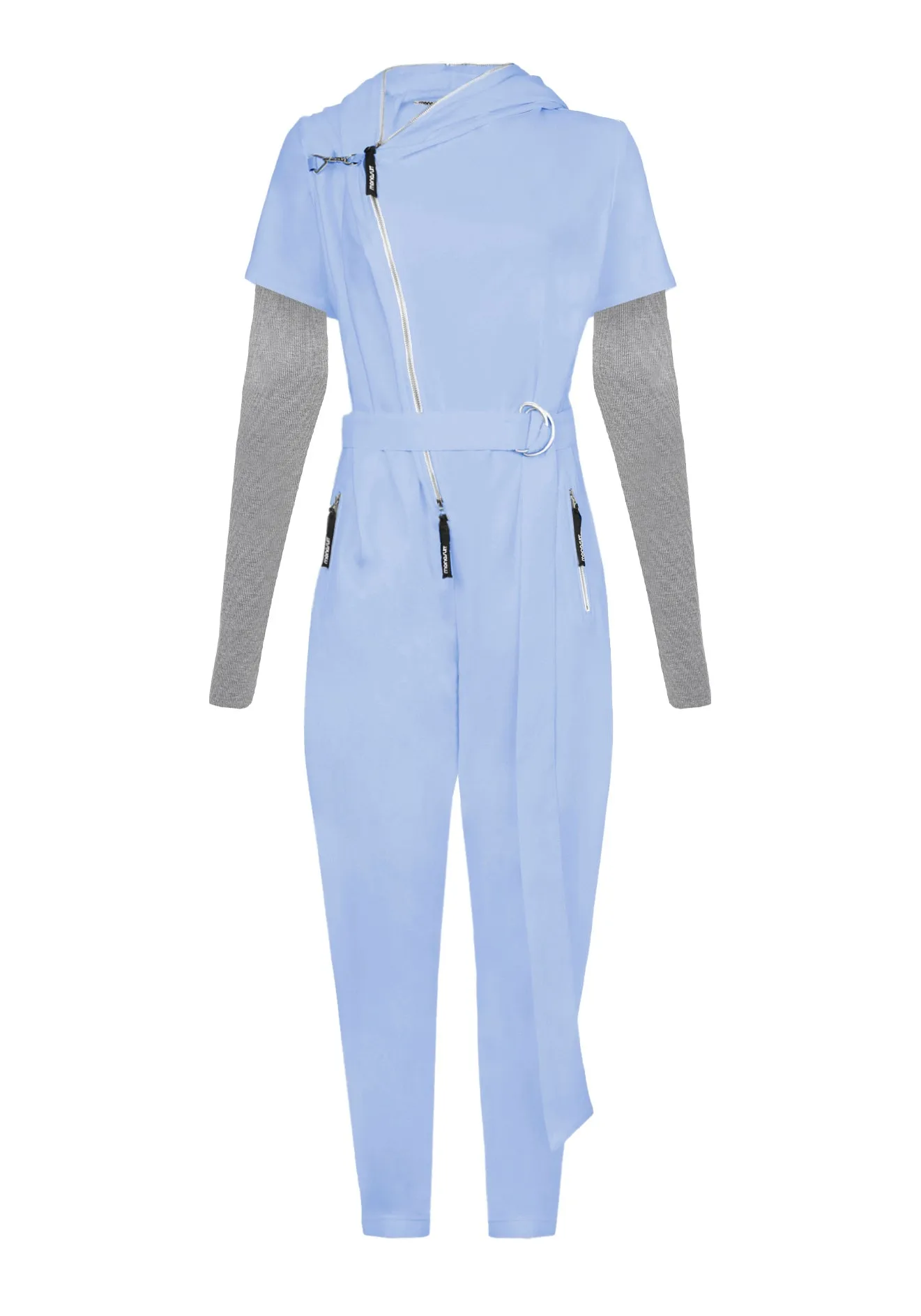 Blue Short/Long Sleeve Hooded Full-Length Belted Casual Jumpsuit GAGA