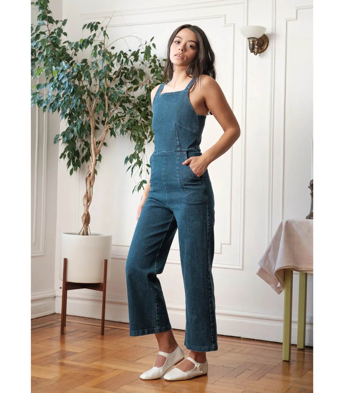 Brenda Square Neck Wide Leg Jumpsuit - Washed Indigo