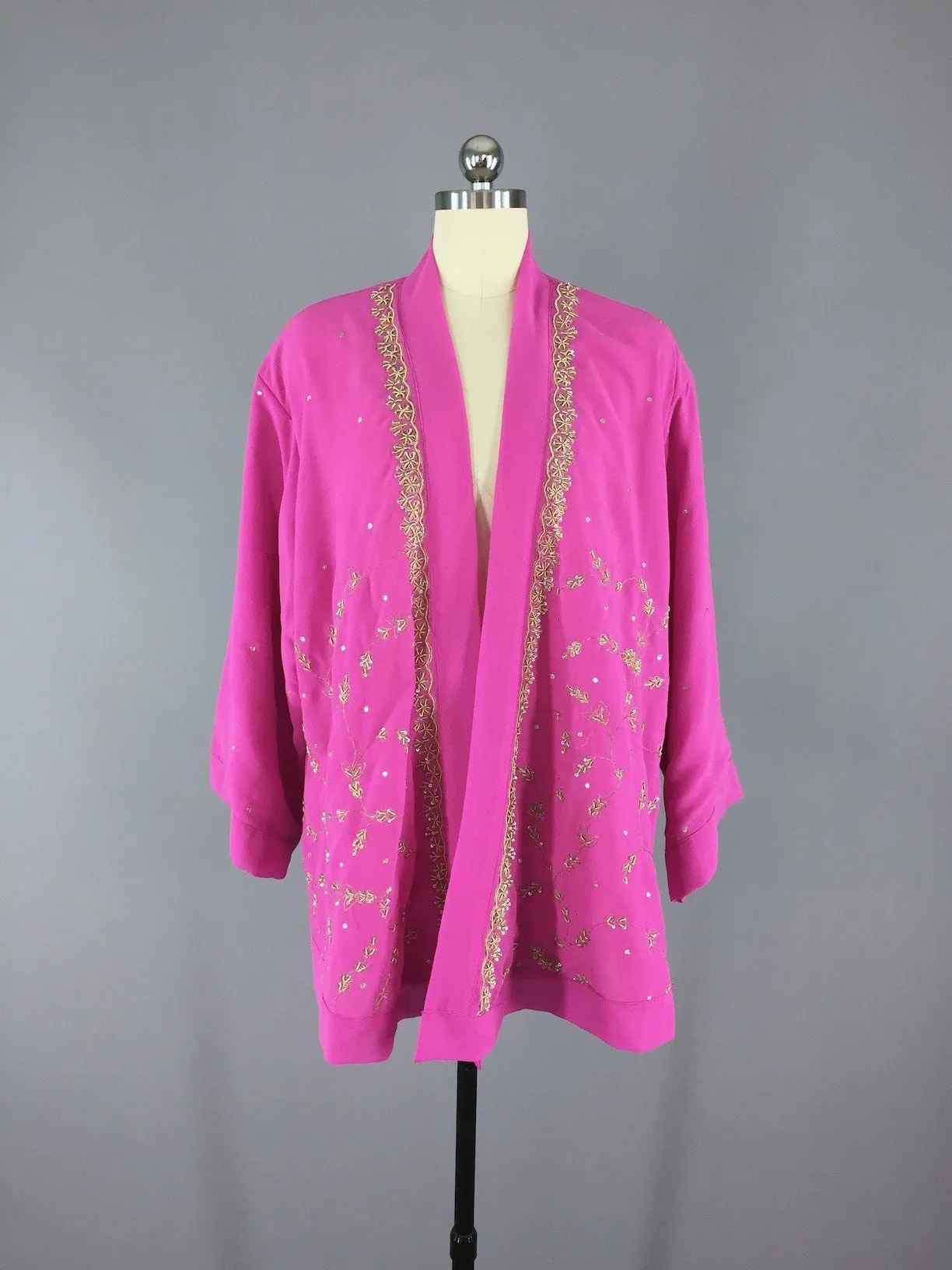 Bright Pink Georgette Kimono Cardigan made from a Vintage Indian Sari