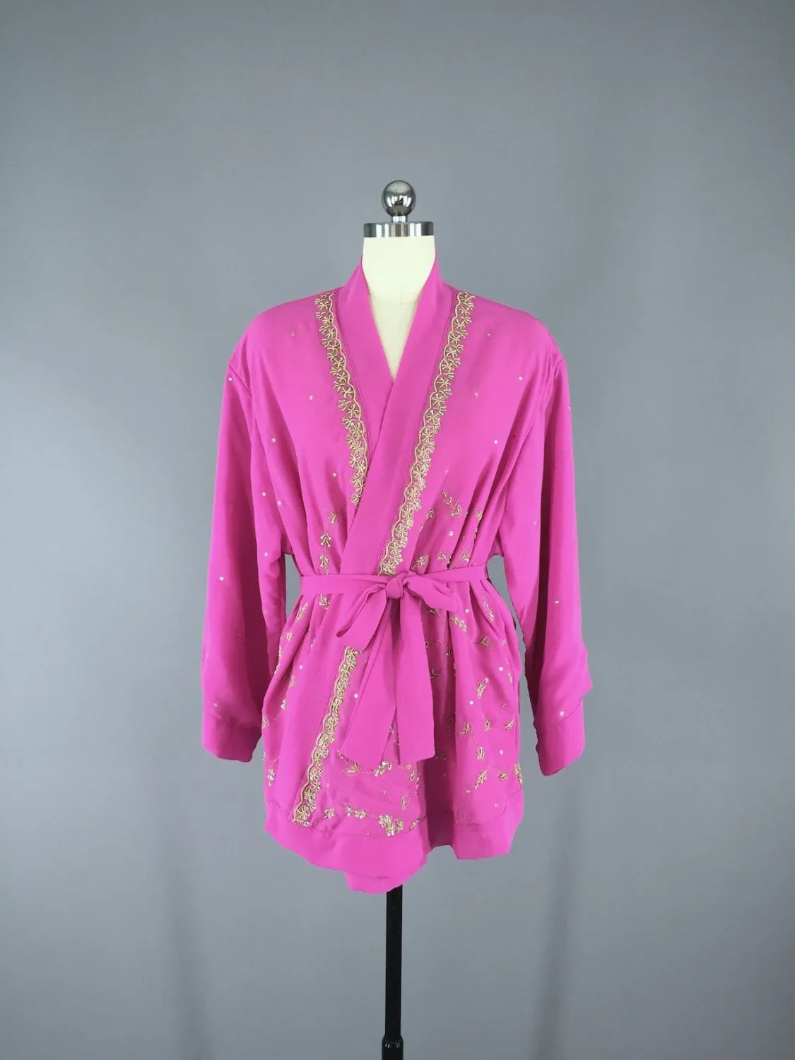 Bright Pink Georgette Kimono Cardigan made from a Vintage Indian Sari