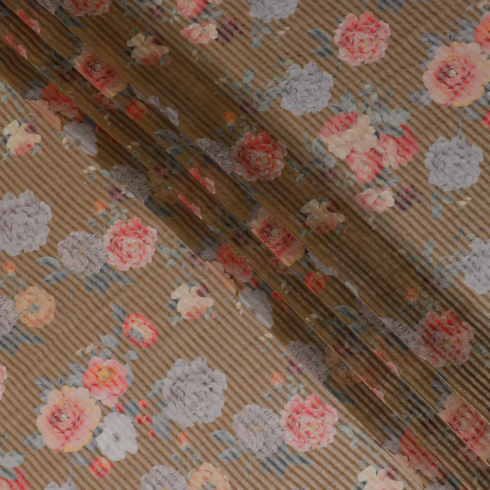 Brown blended viscose organza fabric with gold metallic stripe having multicolor print in floral design-D17480