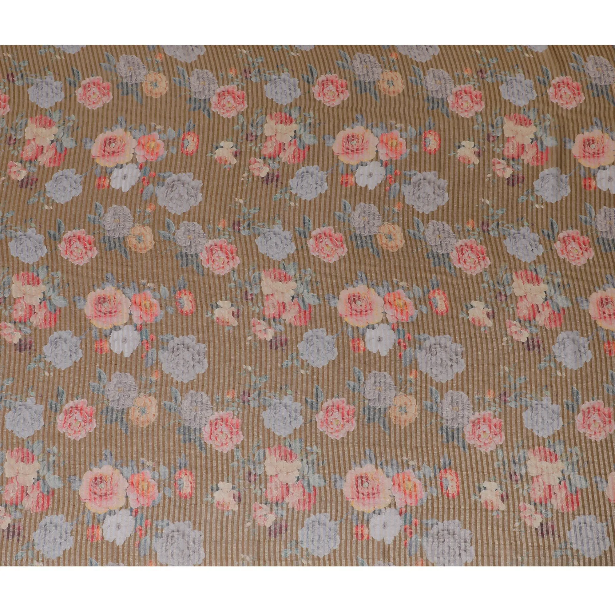 Brown blended viscose organza fabric with gold metallic stripe having multicolor print in floral design-D17480