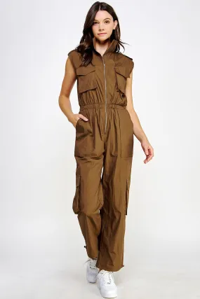 Brown High Neck Cargo Technical Jumpsuit