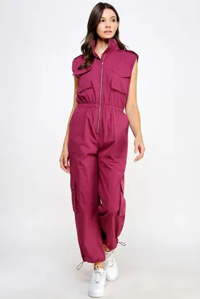 Burgundy High Neck Cargo Technical Jumpsuit