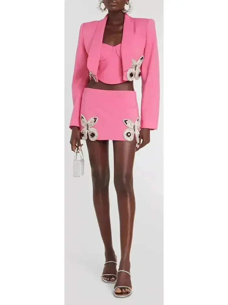 Butterfly-Embroidered Cropped Blazer and Mini Skirt Set in Pink