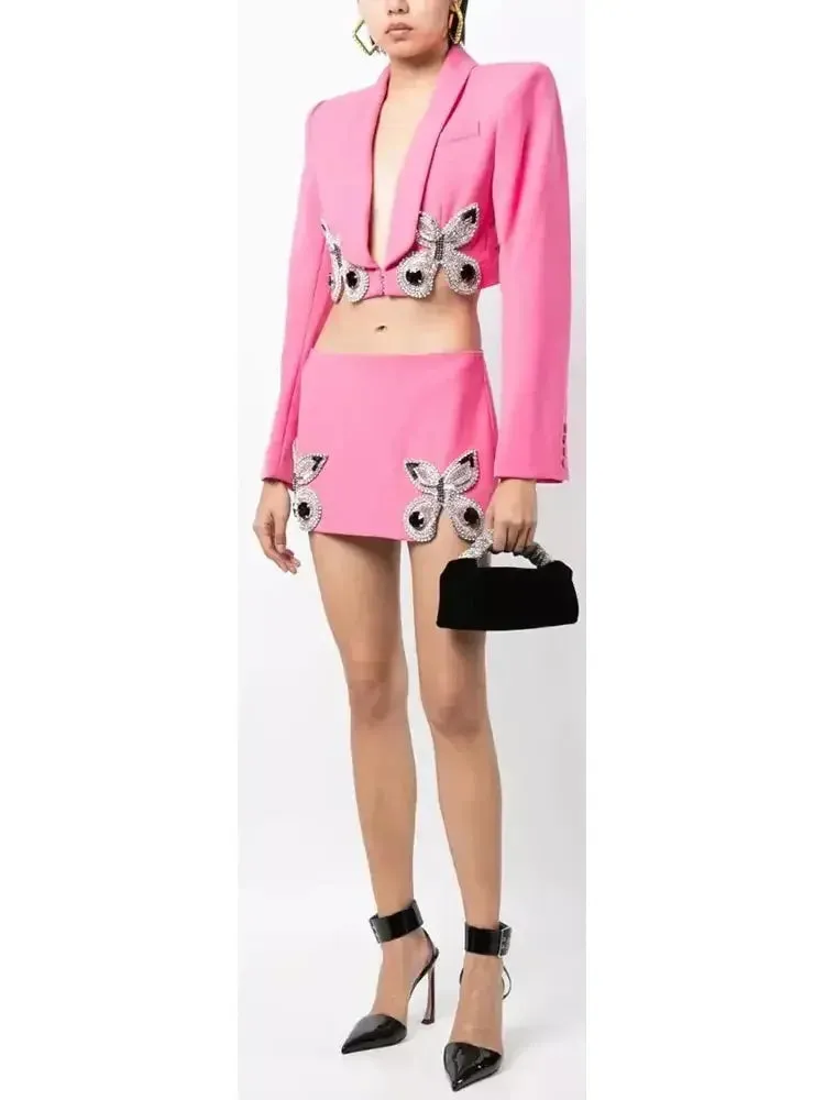 Butterfly-Embroidered Cropped Blazer and Mini Skirt Set in Pink