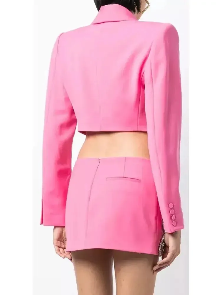 Butterfly-Embroidered Cropped Blazer and Mini Skirt Set in Pink