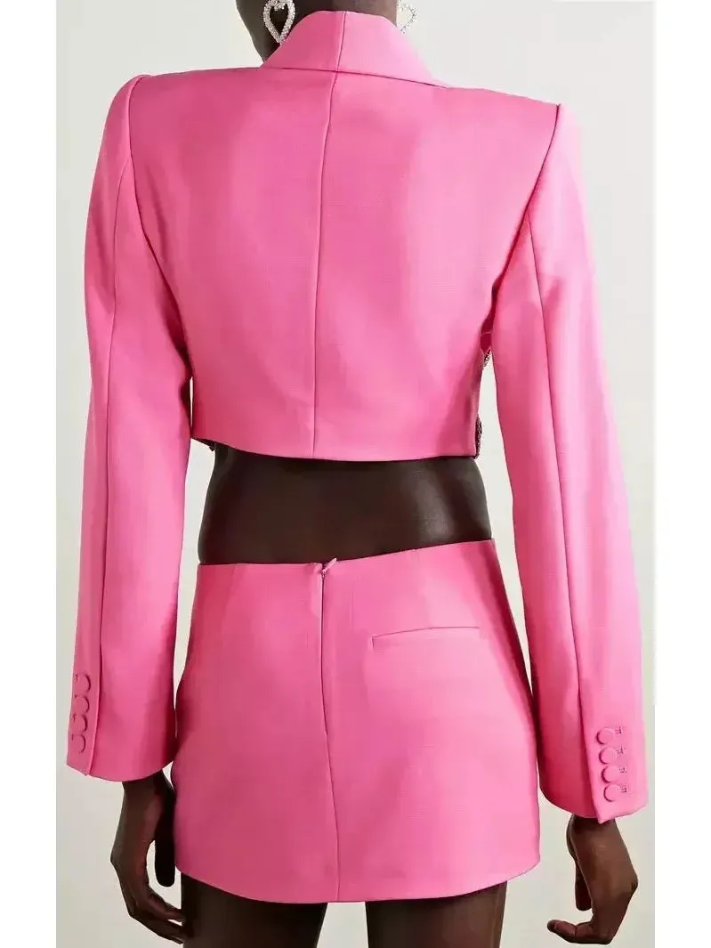 Butterfly-Embroidered Cropped Blazer and Mini Skirt Set in Pink