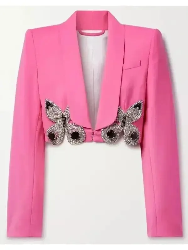 Butterfly-Embroidered Cropped Blazer and Mini Skirt Set in Pink