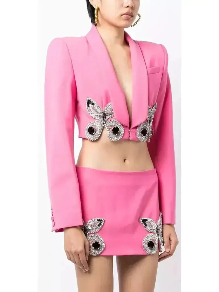 Butterfly-Embroidered Cropped Blazer and Mini Skirt Set in Pink