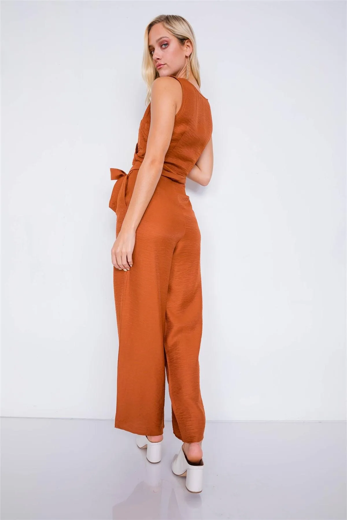 Camel Satin Wide Pant Leg Maxi Wrap Cut-Out Jumpsuit