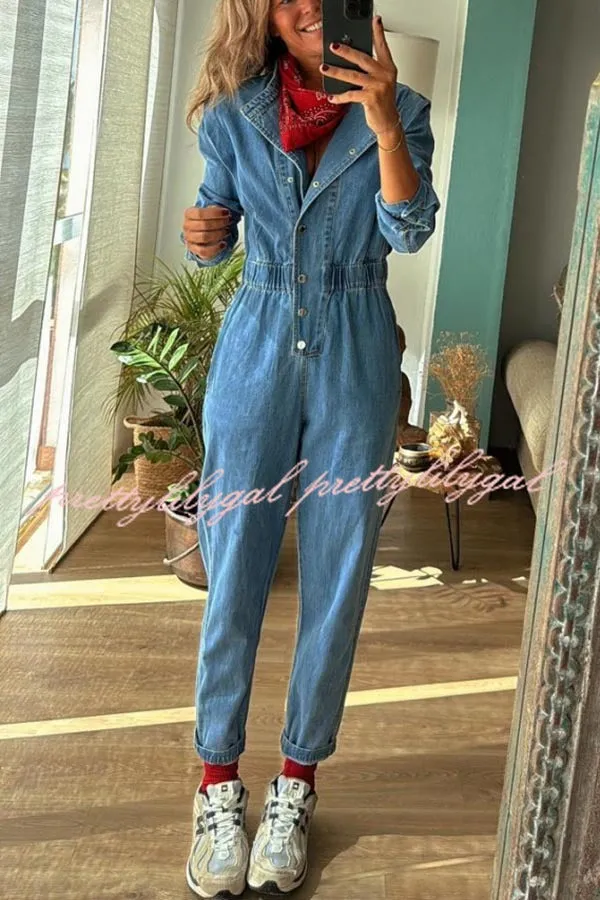 Carey Denim Button Up Long Sleeve Elastic Waist Pocketed Loose Jumpsuit