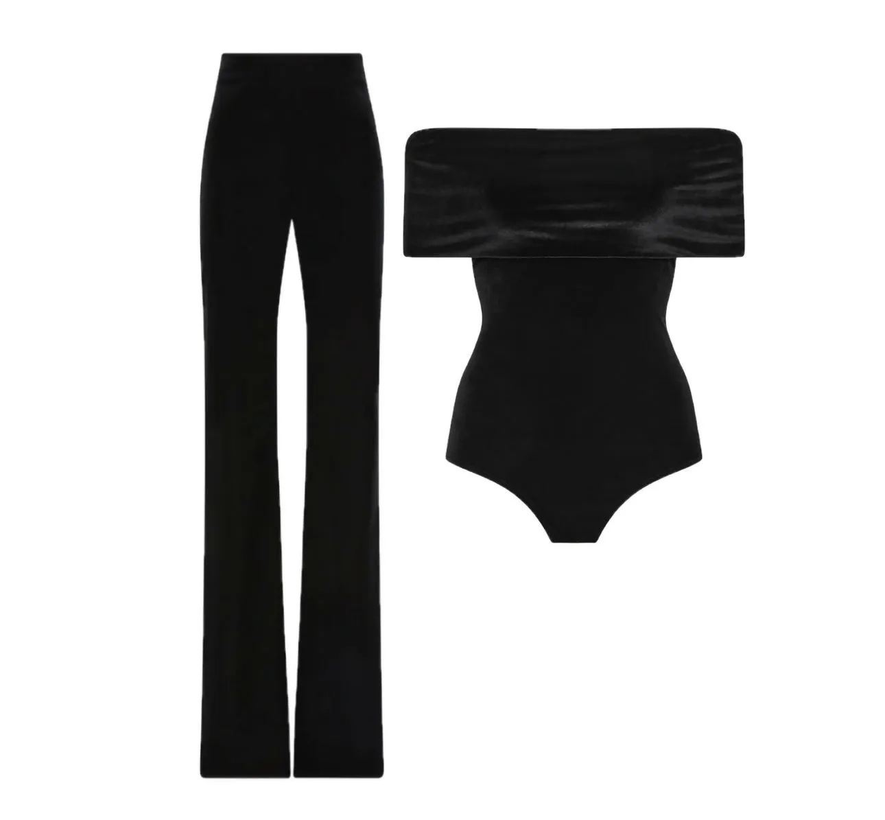 Carla Zampatti Black Velvet Pant and off Shoulder Bodysuit Top