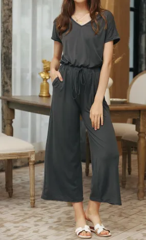 Charcoal Grey Loose Jumpsuit With Short Sleeve