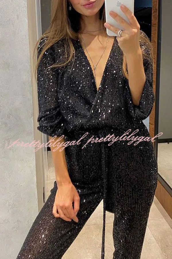 Cheers To You Sequin Long Sleeve Belted Wrap Loose Jumpsuit