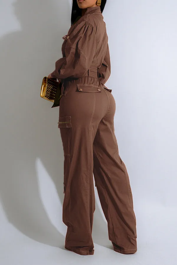 Chic Lantern Sleeve Front Zip Belted Cargo Jumpsuit