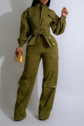 Chic Lantern Sleeve Front Zip Belted Cargo Jumpsuit