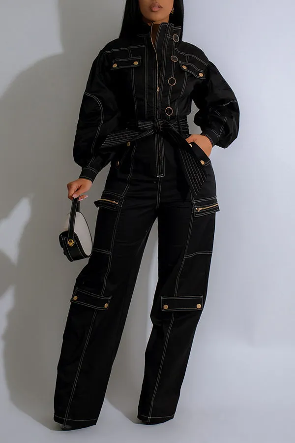 Chic Lantern Sleeve Front Zip Belted Cargo Jumpsuit