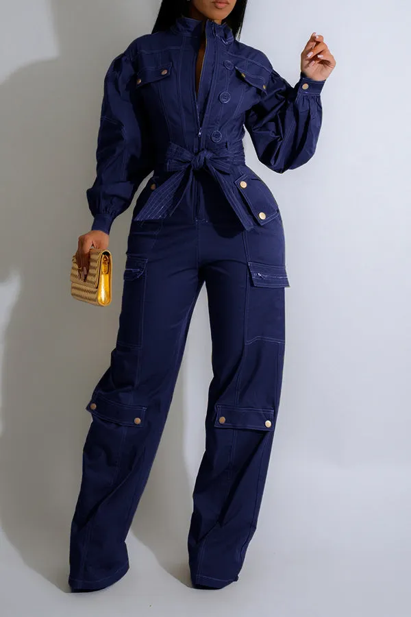 Chic Lantern Sleeve Front Zip Belted Cargo Jumpsuit