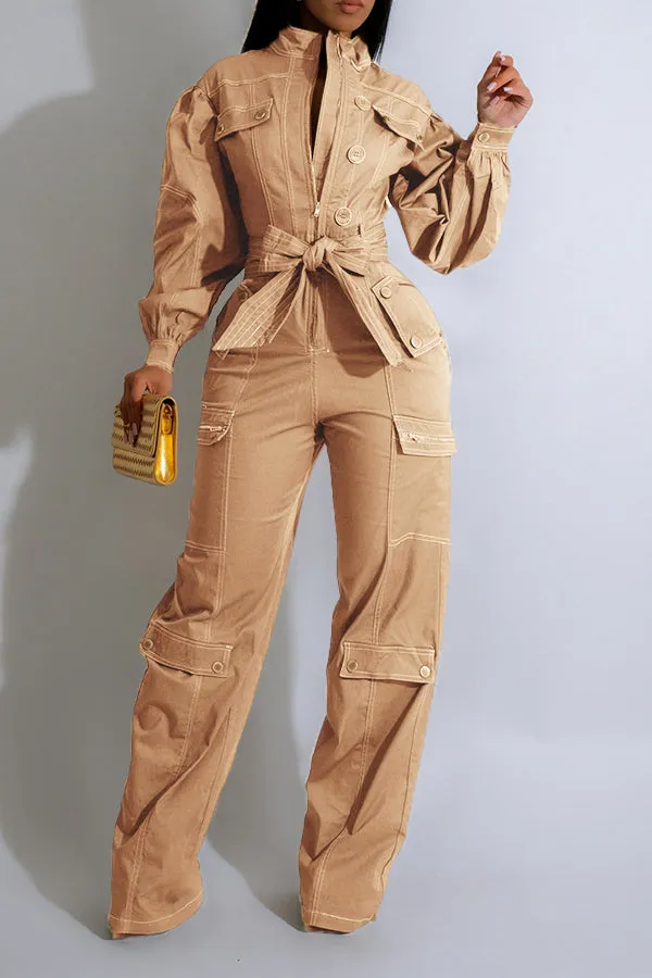 Chic Lantern Sleeve Front Zip Belted Cargo Jumpsuit