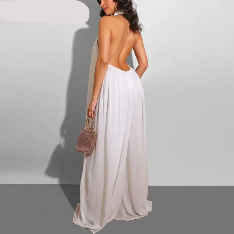 Chiffon Halter Backless Jumpsuit -  multiple colours