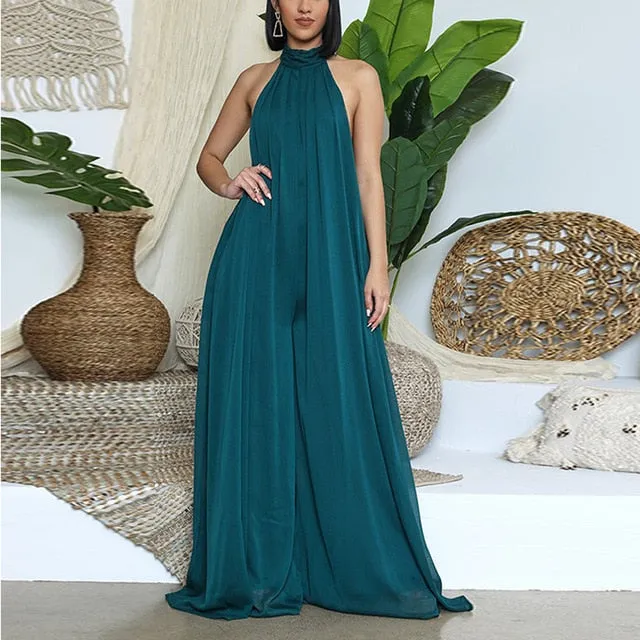 Chiffon Halter Backless Jumpsuit -  multiple colours