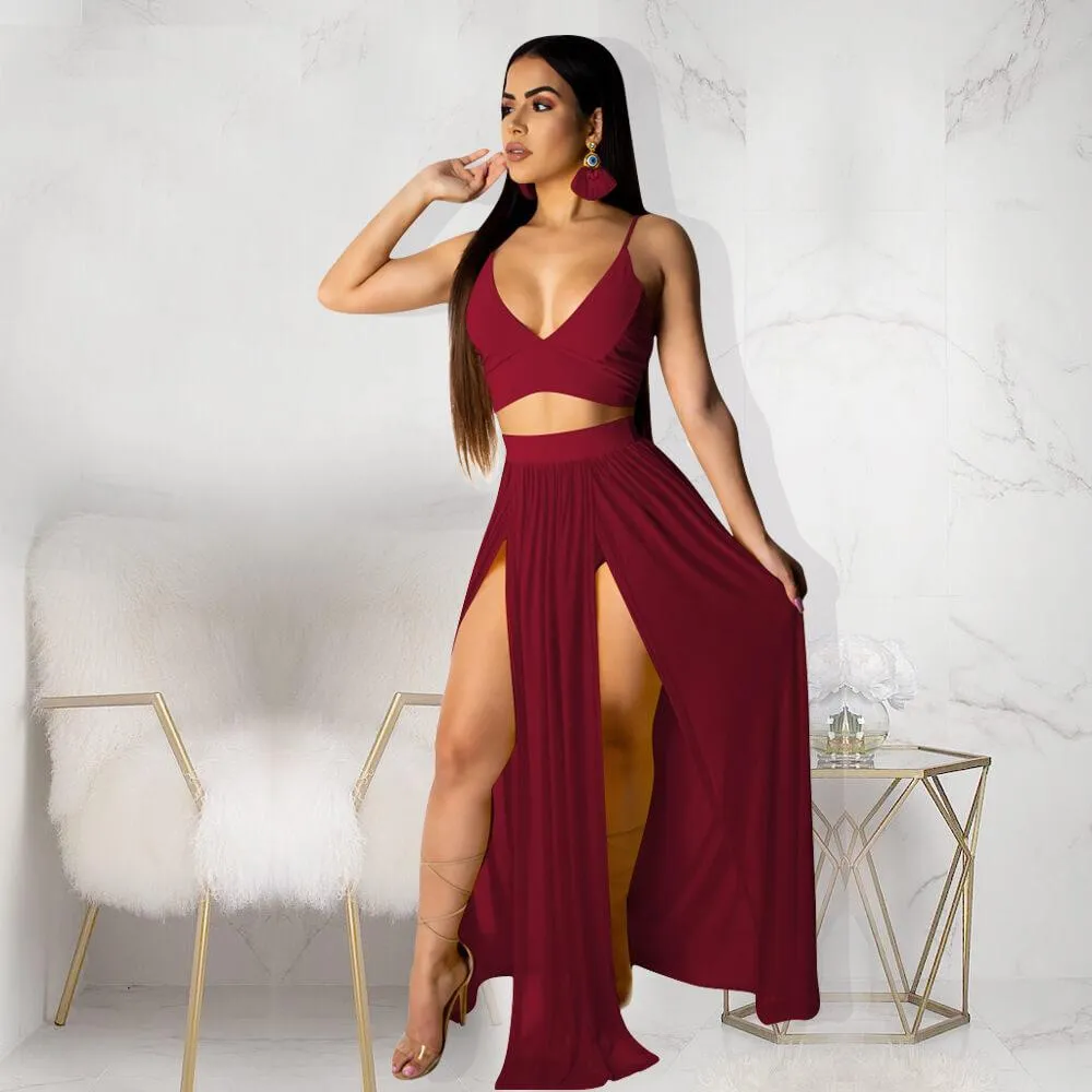 Chiffon Split Spaghetti Strap Maxi Skirt Sets