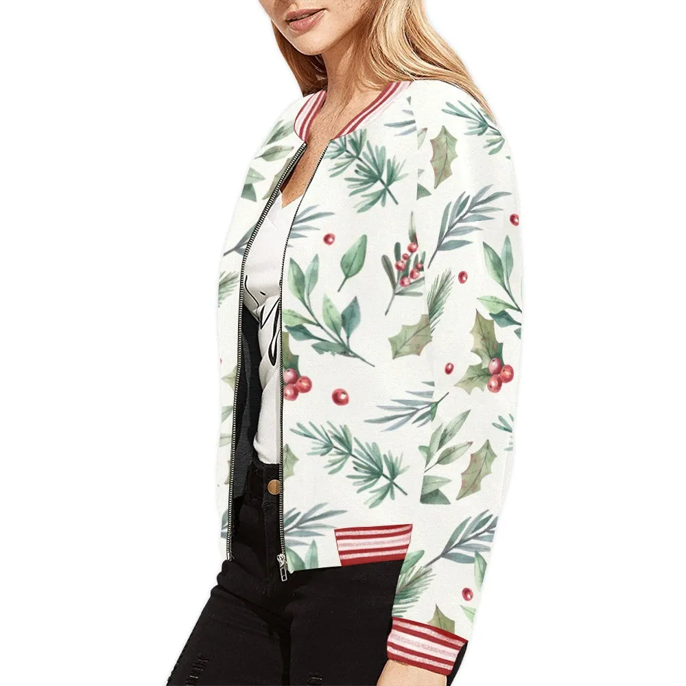 Christmas Poinsettia Pattern Bomber Jacket for Women