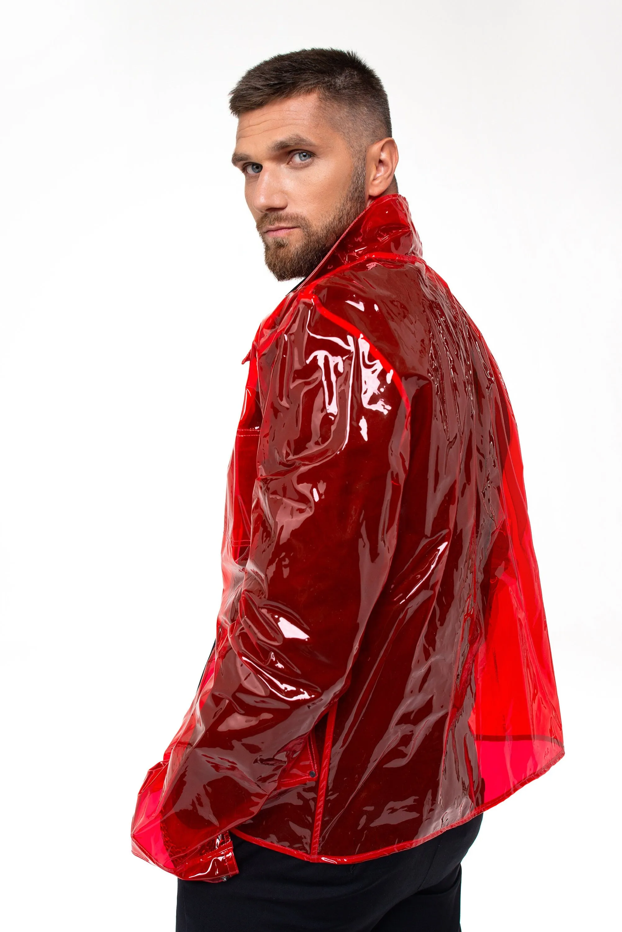 Colored Transparent Waterproof Jacket. Vinyl Translucent Blazer. Stylish Men's Rain Jacket.