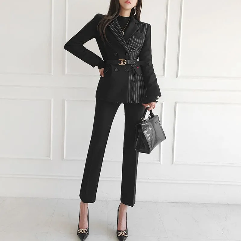 Contrast Striped Panel Lapel Collar Blazer & Tailored Pants