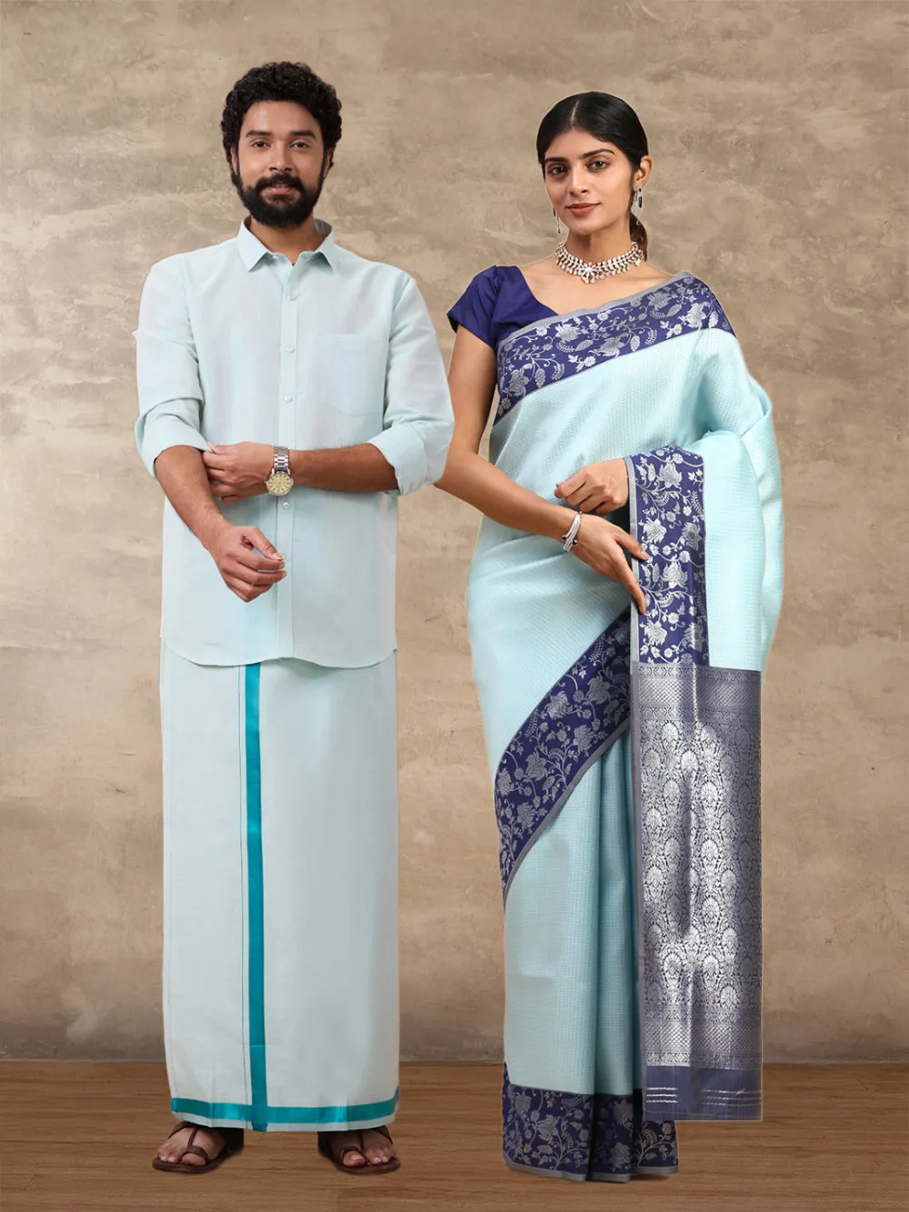 Couple Combo Tissue Ramar Green Jari Dhoti Shirt Set with Semi Silk Saree SS281